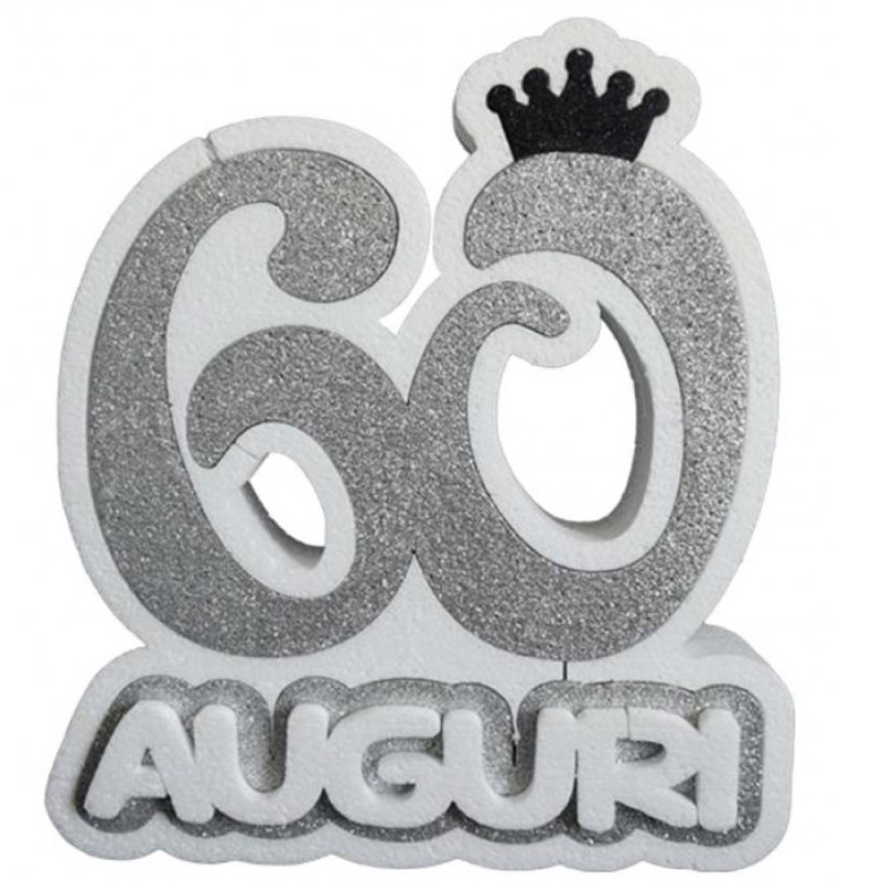 Numero 60 in polistirolo con scritta "Auguri" e coroncina Decorazione centrotavola compleanno 60 anni – 33x33x6 cm