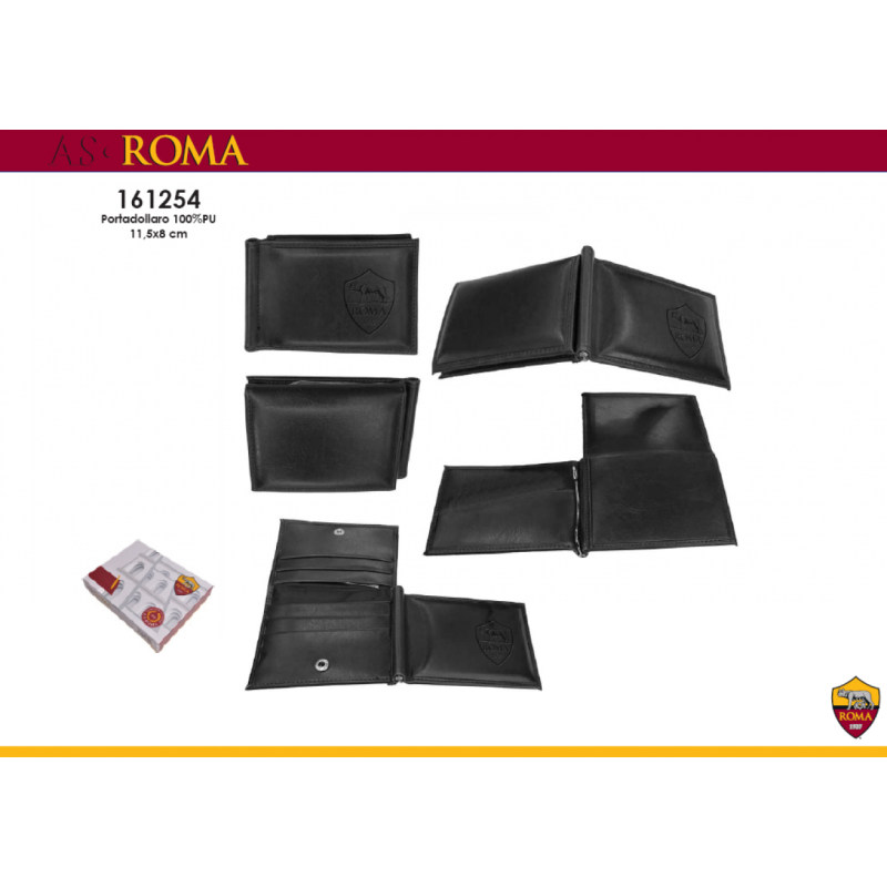 Portafoglio AS Roma Ufficiale in Pelle Nera con Clip Portabanconote e Porta Carte – Elegante e Funzionale