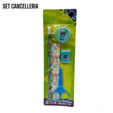 Set Cancelleria 5pz Stitch Righello Matita Temperamatita Gomma Forbicina Scuola e tempo libero Bambino
