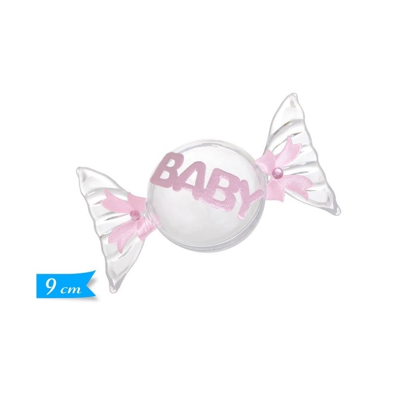 Scatolina PVC Porta Confetti a Forma di Caramella Baby Rosa per Nascita e Battesimo - 9 cm