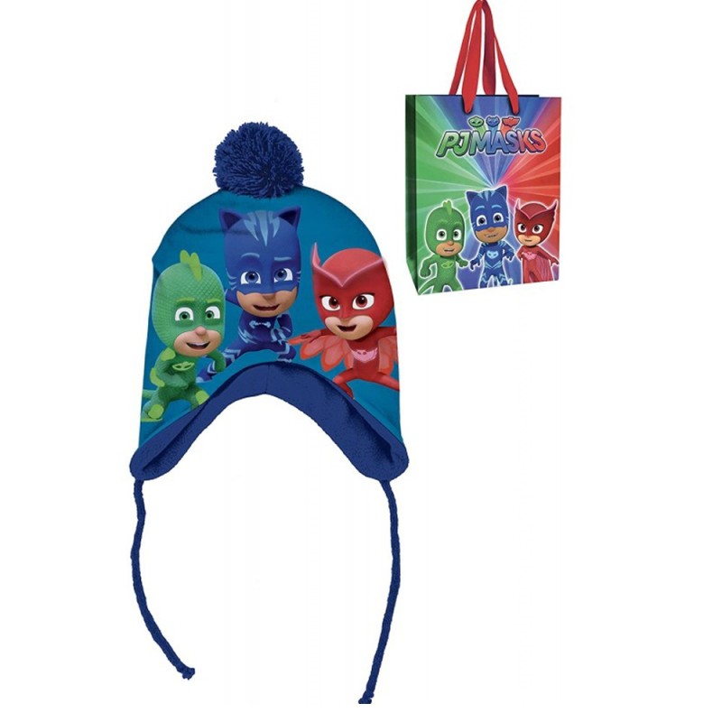 Cappello Invernale Peruviano PJ Masks Disney con Pon Pon e Paraorecchie - Taglia 52 cm + Busta Regalo PJ Masks