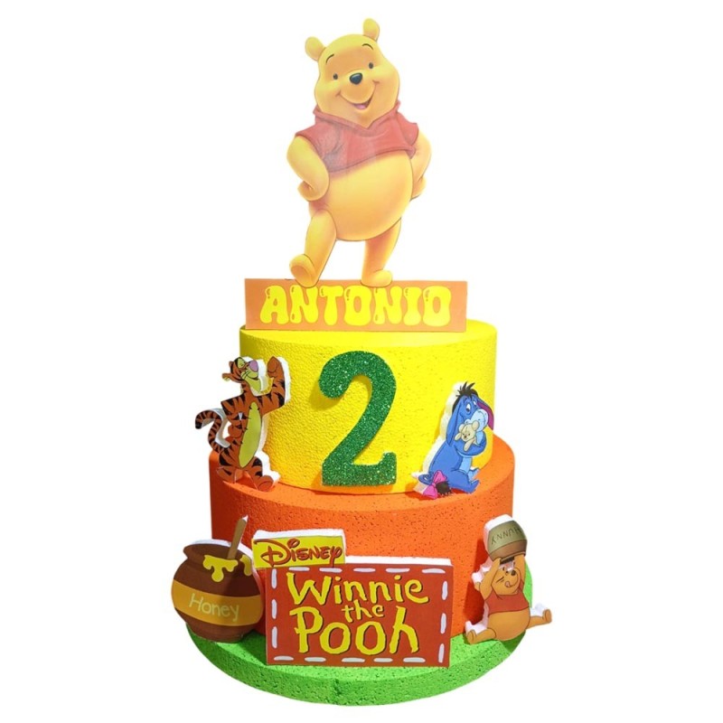 Torta di Compleanno Winnie the Pooh Personalizzata – Polistirolo 3D a 3 Livelli con Nome ed Età – Decorazione Festa Bambini