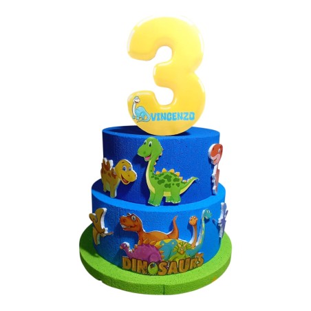 Torta di Compleanno Dinosauri Personalizzata con Nome e Età – Decorazione 3D su 3 Livelli, Altezza 70 cm, Compleanno Bambini