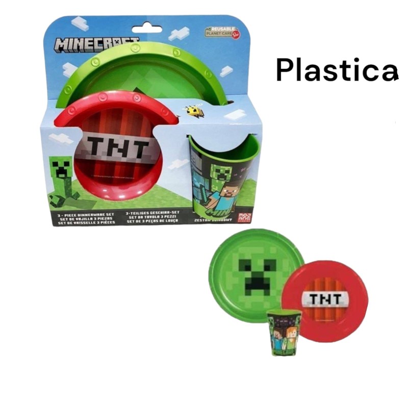 Set Pappa Plastica 3 Pezzi Minecraft - Piatto Fondo, Piatto Piano e Bicchiere Descrizione Dettagliata:
