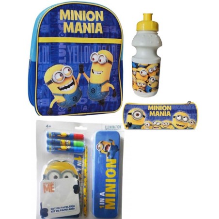 Kit Scuola Minions: Zaino Asilo, Borraccia, Tombolino Porta Colori e Set Cancelleria - Completo