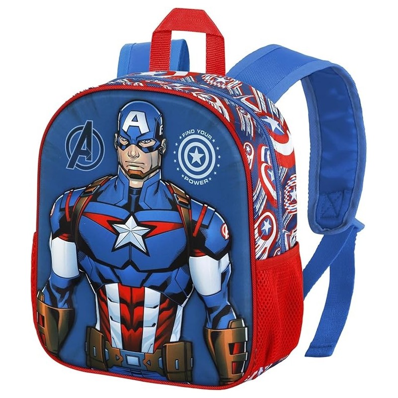 Zainetto Scuola Asilo Materna Capitan America Marvel con Rilievo 3D - Scomparto Principale e Due Tasche Laterali