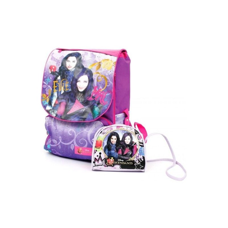 Zaino Scuola Estensibile Descendants Disney con Tracollina Passeggio - Design Viola e Rosa