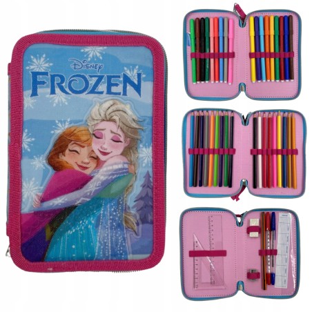 Astuccio Frozen Disney Celeste e Fucsia 3 Piani Kit Scuola 43 Pezzi Completo Colori Giotto Portacolori Anna e Elsa Tre Zip