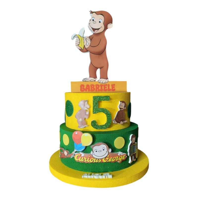 Torta Scenografica in Polistirolo Curioso Come George – Personalizzata con Nome ed Età – Decorazione Compleanno Bambini