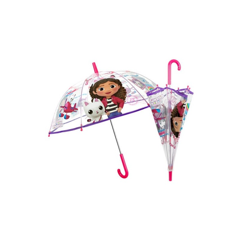 Ombrello Lungo Gabby's Dollhouse 45 cm Trasparente | Antivento con Apertura Manuale di Sicurezza