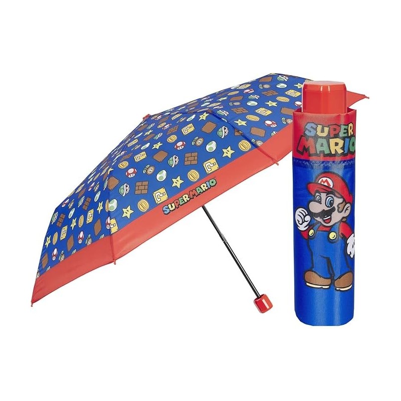 "Perletti Ombrello Pieghevole Super Mario Bros per Bambini - Antivento, Compatto e Resistente - Ombrellino Manuale per Bimbi
