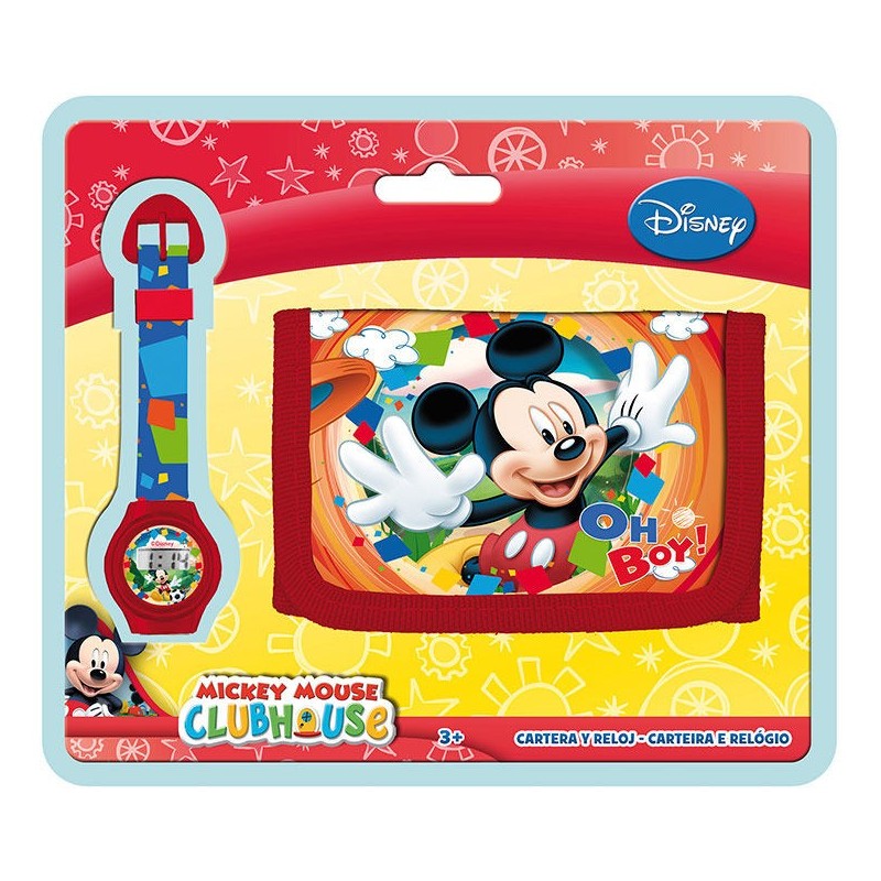 Set Orologio Digitale + Portafogli Mickey Mouse Bambini Cinturino Regolabile, Tasche Porta Carte e Zip