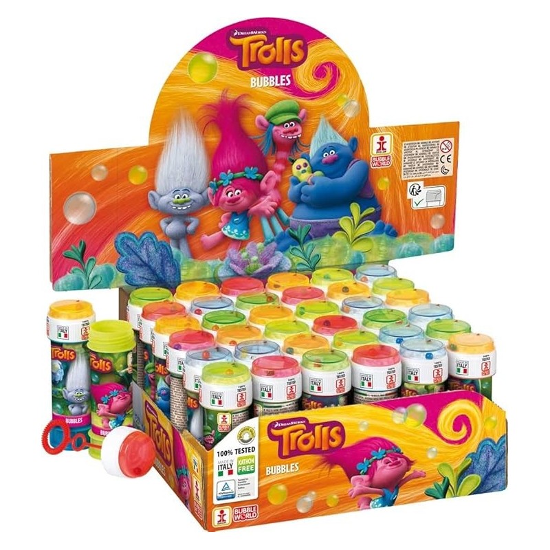 Bolle di Sapone Trolls 60ml - Confezione da 36 Pezzi - Gadget Perfetto per Feste e Regalini di Fine Festa