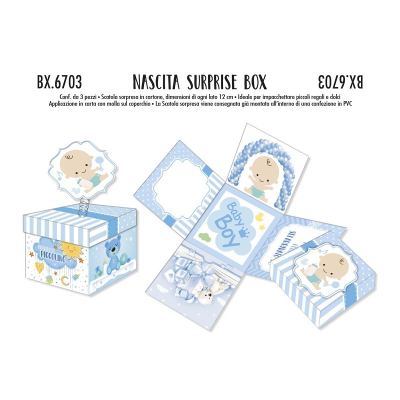 Scatola Surprise Box Celeste con Biglietto Augurale per Nascita - Confezione da 3 Pz, Ideale per Piccoli Regali o Dolci