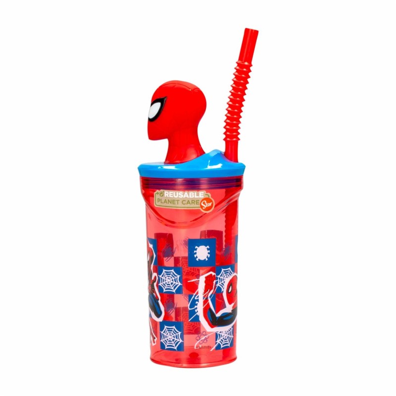 Bicchiere con Cannuccia Ripiegabile Spiderman Marvel 3D, 360 ml, BPA Free, Plastica Sicura per Bambini