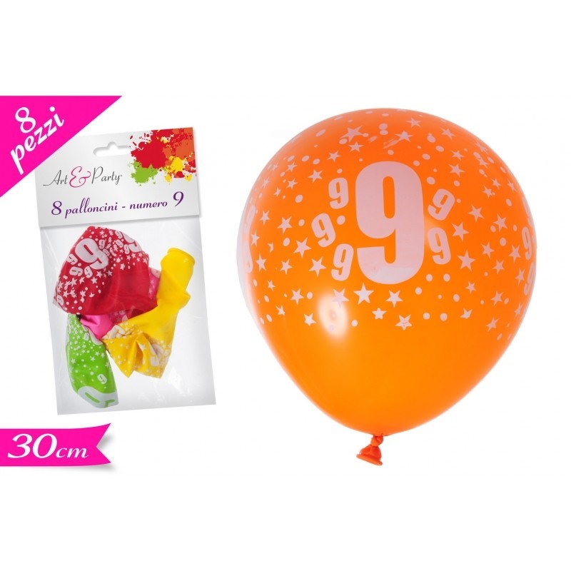 Set 8 Palloncini Compleanno Numero "9" – Colori Assortiti