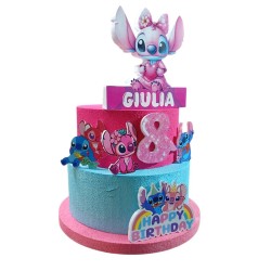 Torta Scenografica 3D Stitch e Angel Personalizzata con Nome ed Età – Decorazione Compleanno Bambina