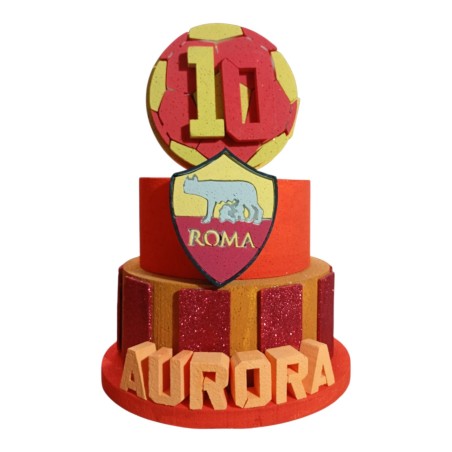 Torta Scenografica AS Roma Personalizzata con Nome e Età 70 cm – Torta Finta in Polistirolo 3 Livelli Festa Calcio Giallorossa