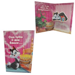 "Biglietto di Auguri Pop-Up 3D Looney Tunes – Simpatica Gattina con Torta di Compleanno"
