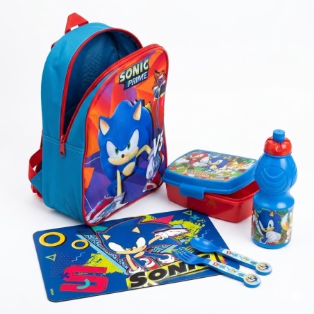 Set Scuola Asilo Sonic 5 Pezzi Scuola Materna con Zaino 28 cm, Borraccia, Porta Merenda, Tovaglietta e Posate