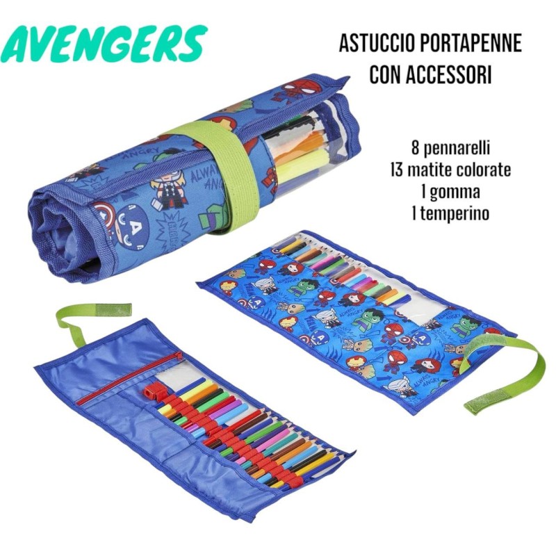 Astuccio Arrotolabile Avengers con Accessori – Marvel Portapenne Completo per Scuola Bambini
