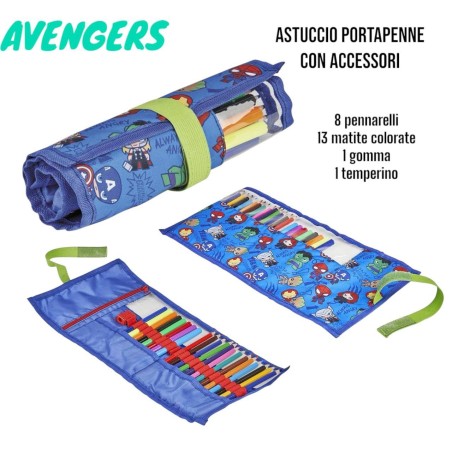 Astuccio Arrotolabile Avengers con Accessori – Marvel Portapenne Completo per Scuola Bambini