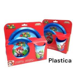 Set Pappa Plastica 3 Pezzi Super Mario Bros - Piatto Fondo, Piano e Bicchiere