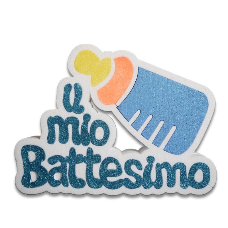 Scritta in Polistirolo il Mio Battesimo con Biberon Celeste 30x40Cm Decorazione Centro Tavola