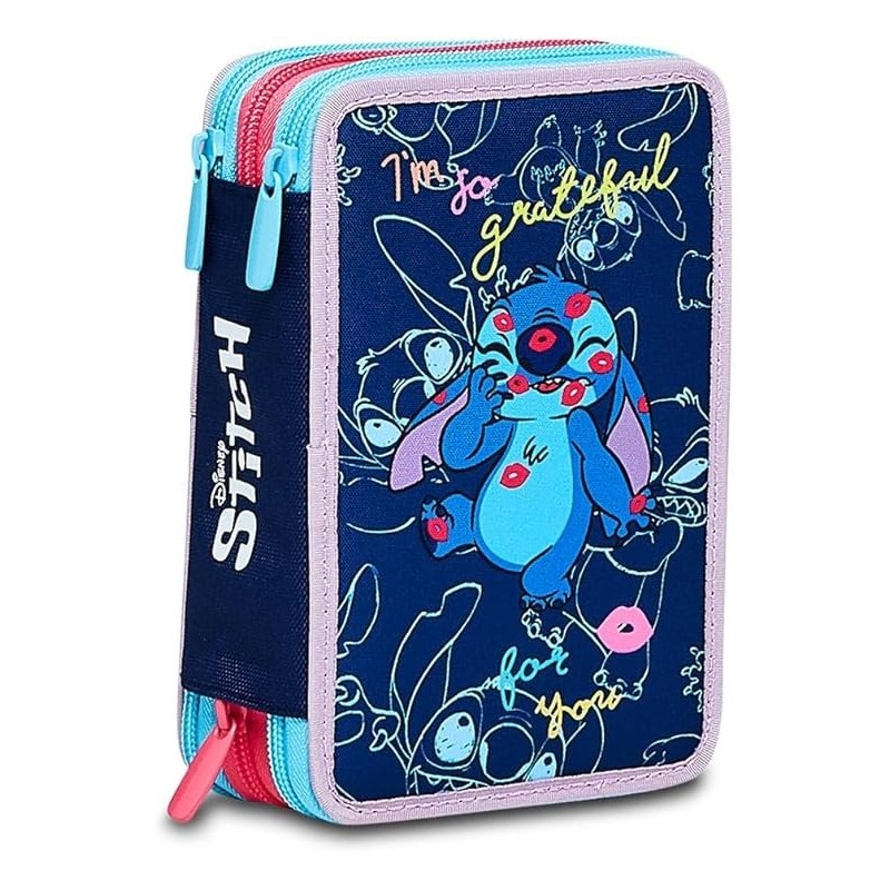 Astuccio 3 Zip Lilo & Stitch Seven - Set Scuola Bambini 43 Pezzi con Matite, Pennarelli, Forbici, Penne - Portapenne Disney