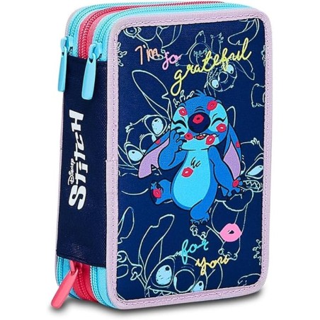 Astuccio 3 Zip Lilo & Stitch Seven - Set Scuola Bambini 43 Pezzi con Matite, Pennarelli, Forbici, Penne - Portapenne Disney