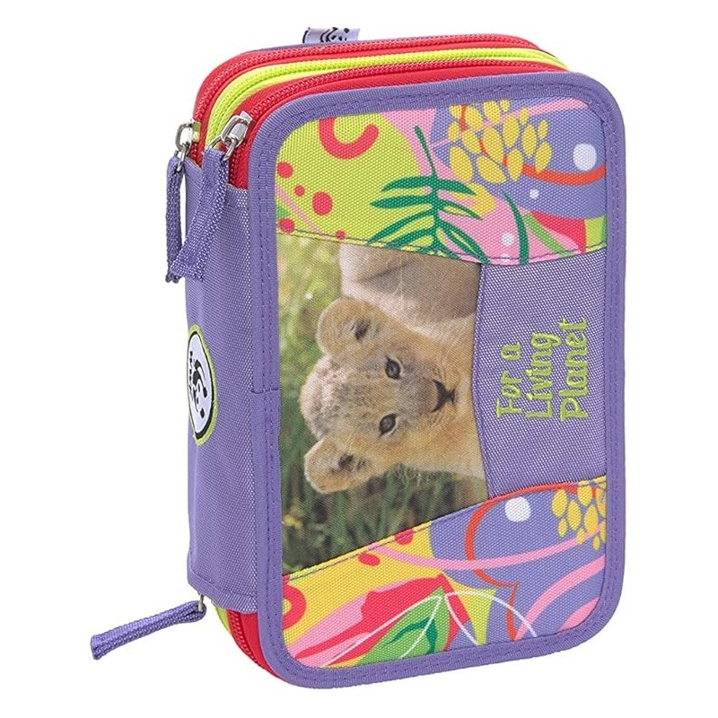 WWF Astuccio Scuola 3 Zip Jungle Viola – Completo con 18 Pennarelli, 18 Pastelli, Penne, Matita, Gomma e Accessori – 14x21 cm