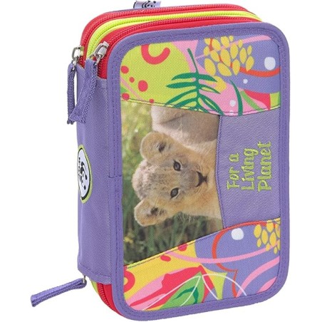 WWF Astuccio Scuola 3 Zip Jungle Viola – Completo con 18 Pennarelli, 18 Pastelli, Penne, Matita, Gomma e Accessori – 14x21 cm