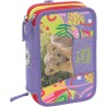 WWF Astuccio Scuola 3 Zip Jungle Viola – Completo con 18 Pennarelli, 18 Pastelli, Penne, Matita, Gomma e Accessori – 14x21 cm