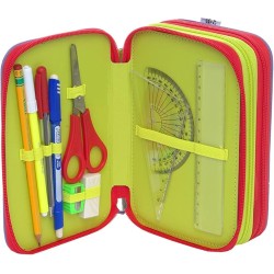 WWF Astuccio Scuola 3 Zip Jungle Viola – Completo con 18 Pennarelli, 18 Pastelli, Penne, Matita, Gomma e Accessori – 14x21 cm