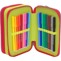 WWF Astuccio Scuola 3 Zip Jungle Viola – Completo con 18 Pennarelli, 18 Pastelli, Penne, Matita, Gomma e Accessori – 14x21 cm