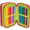 WWF Astuccio Scuola 3 Zip Jungle Viola – Completo con 18 Pennarelli, 18 Pastelli, Penne, Matita, Gomma e Accessori – 14x21 cm