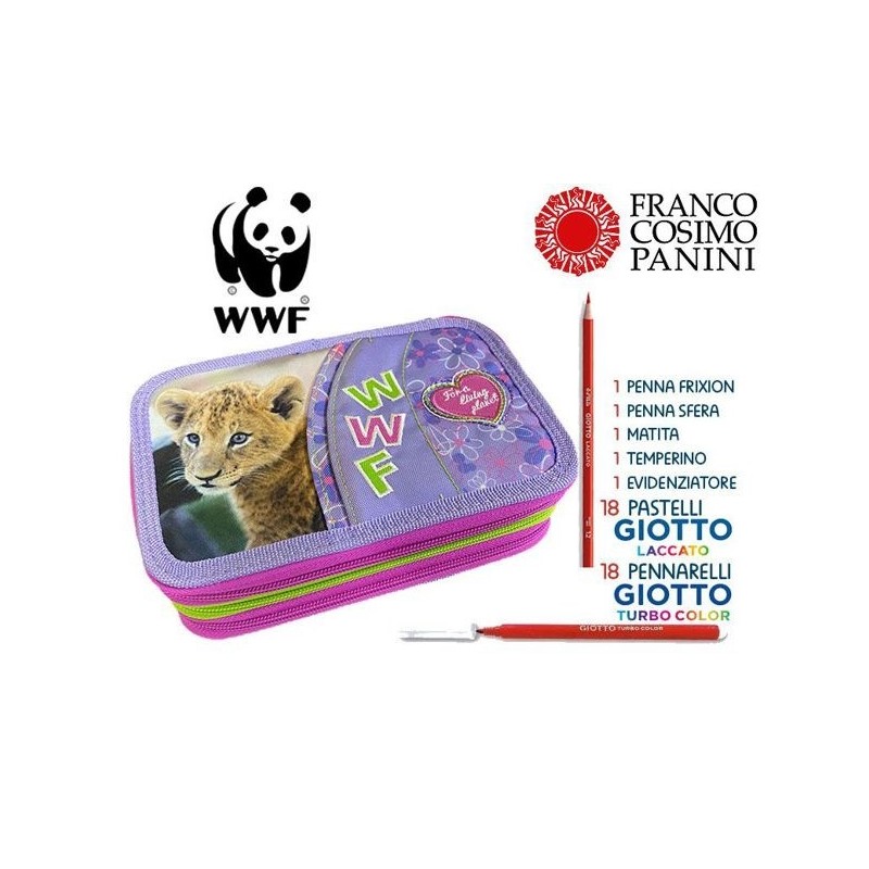 WWF Astuccio Scuola 3 Zip Jungle Viola – Completo con 18 Pennarelli, 18 Pastelli, Penne, Matita, Gomma e Accessori – 14x21 cm