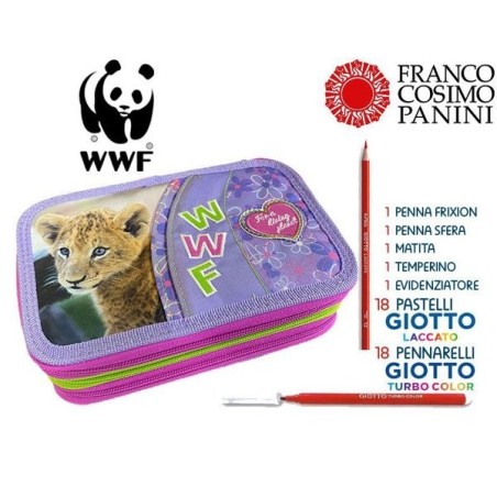 WWF Astuccio Scuola 3 Zip Jungle Viola – Completo con 18 Pennarelli, 18 Pastelli, Penne, Matita, Gomma e Accessori – 14x21 cm
