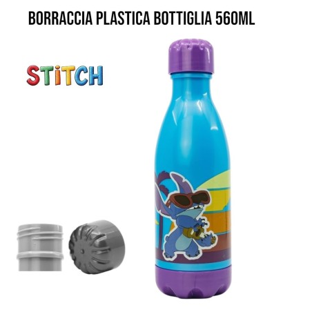 Borraccia Bambini Stitch 560 ml – Bottiglia in Plastica con Tappo a Vite – Ideale per Scuola, Sport e Spiaggia