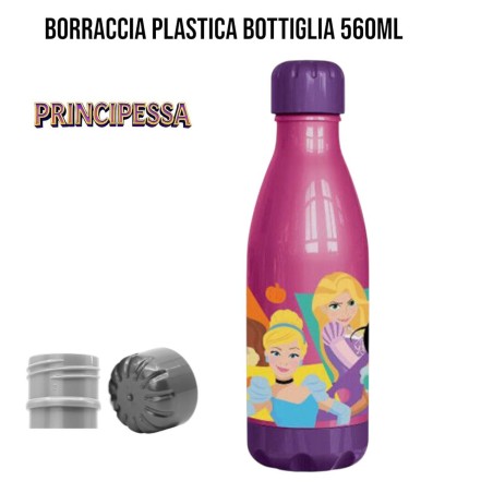 Borraccia Bambina Principesse Disney 560 ml – Bottiglia in Plastica con Tappo a Vite – Scuola, Viaggi, Parco, Mare