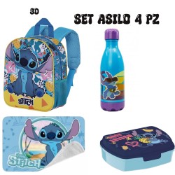 Set Asilo Bambini Stitch 4 Pezzi – Zaino 3D, Borraccia 560ml, Tovaglietta 30x40cm, Portamerenda Scuola e Tempo Libero