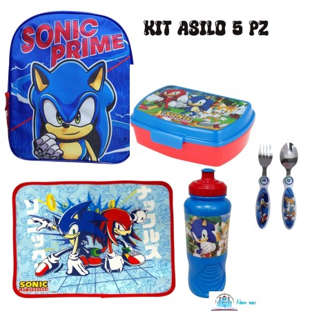 Kit Asilo Bambino Sonic 5 Pezzi Ufficiale SEGA – Zaino, Tovaglietta, Posate, Borraccia e Portamerenda – Set Scuola
