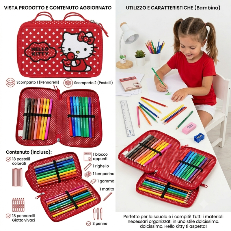 Astuccio Scuola Hello Kitty 3 Zip – Set Completo con 43 Accessori Giotto