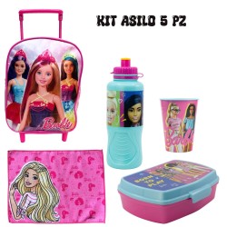 Kit Scuola Asilo Barbie 5 Pezzi con Trolley Zaino, Borraccia, Porta Merenda, Tovaglietta e Bicchiere