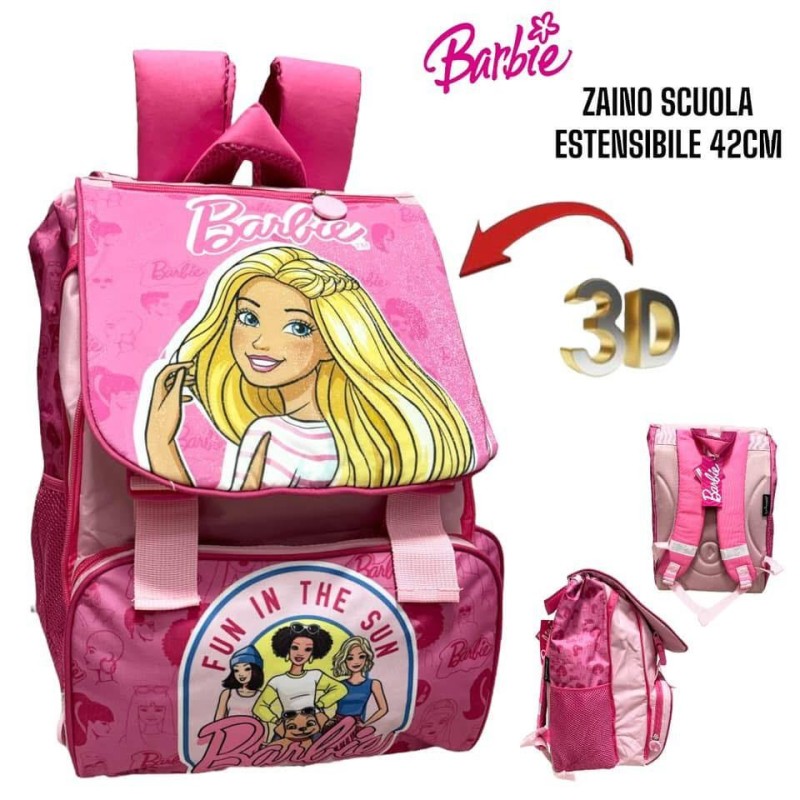 Zaino Estensibile Barbie 3D per Scuola – 40x29x14 cm – Ergonomico, Schienale Imbottito, Tasche Laterali Design Ufficiale