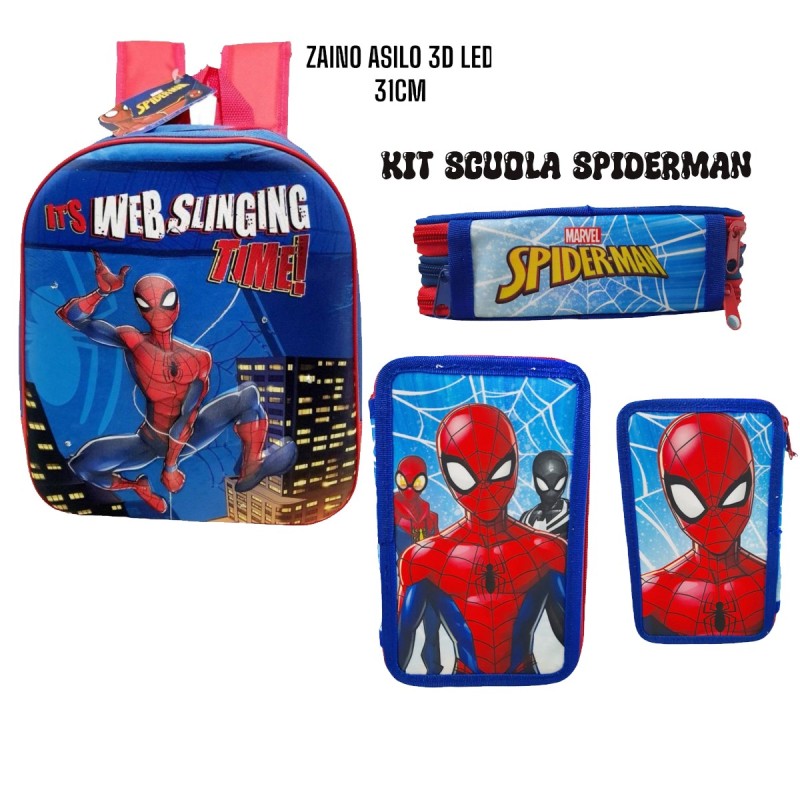 Kit Scuola Asilo Marvel Spiderman | Zaino 3D con LED + Astuccio 3 Zip Completo Giotto | Zainetto Uomo Ragno 32x26x11 cm
