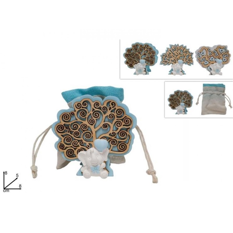 Sacchetto Albero della Vita con Elefante Celeste – Portaoggetti in Tessuto 8x4x8 cm – Idea Regalo