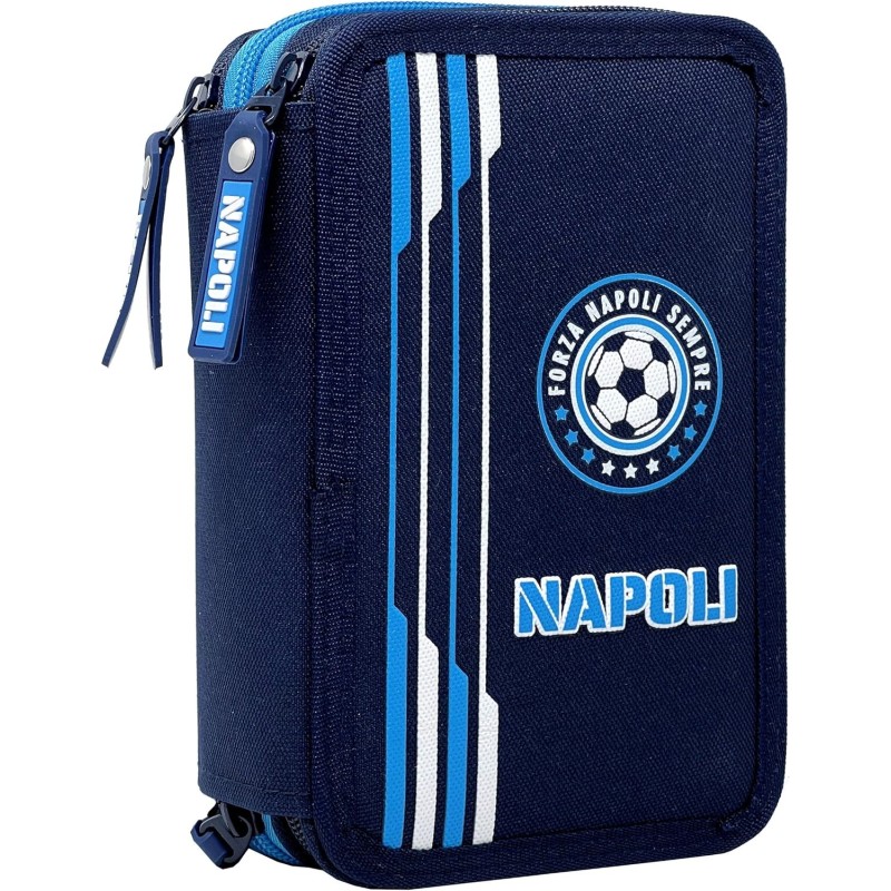 Astuccio Scuola Napoli Azzurri 3 Zip – Portacolori Multiscomparto con Pennarelli Giotto – Ufficiale SSC Napoli – 20x13x6 cm