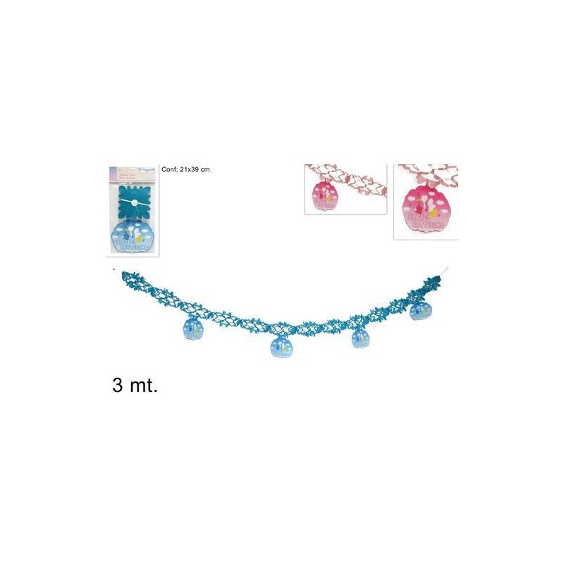 FESTONIE FELICE BATTESIMO CON CICOGNA E NUVOLETTA ROSA -CELESTE 3 MT