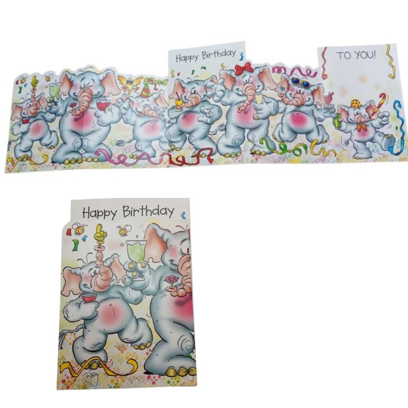 Biglietto Augurale Compleanno 6 Ante – Elefantini in Festa con Scritta “Happy Birthday” – Cartoncino Colorato e Allegro
